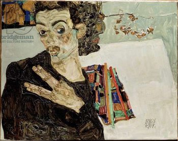 Reproducción de arte Self-portrait with fingers apart. Painting by Egon Schiele , 1911. Oil on canvas. Sun: 27,5x34 Vienne, Historisches Museum of the City