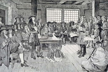 Reproducción de arte William Penn in Conference with the Colonists, illustration from 'The First Visit of William Penn to America' pub. in Harper's Weekly, 1883
