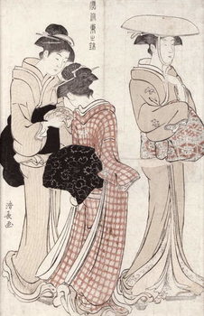 Reproducción de arte Young woman wearing a wide straw hat, followed by a servant and a companion carrying a 'furoshiki', from the series 'Fuzoku Azuma no nishiki' (The Fashionable Beauties of Edo) 1783