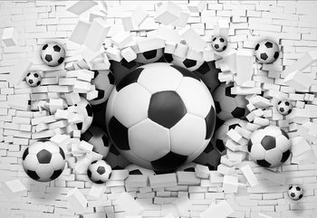 Fotomural 3D Footballs Bursting Through Brick Wall