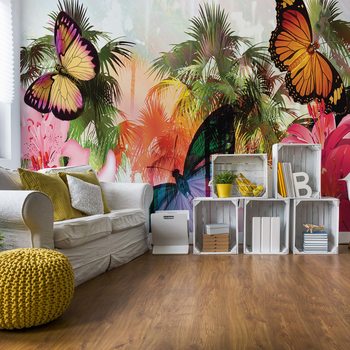 Fotomural Butterflies Palms Flowers Modern Tropical
