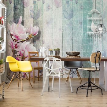 Fotomural Flowers Vintage Script Rustic Painted Wood Planks