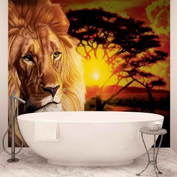 Fotomural Leon Puesta de sol Africa Naturaleza Arbol