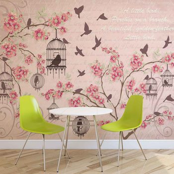Fotomural Pajaros Cherry Blossom Rosa