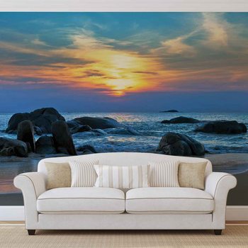 Fotomural Playa, rocas, mar, ocaso, sol