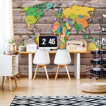 Fotomural Political World Map On Wood Background