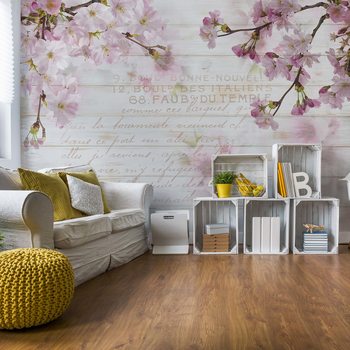 Fotomural Vintage Chic Cherry Blossom Wood Planks