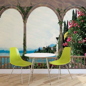 Ausblick Bögen Blumen Comer See Italien Fototapete