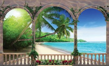 Ausblick Bögen Blumen Strand Palmen Fototapete