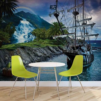 Meer Schiff Palmen Wasserfall Wald Natur Fototapete