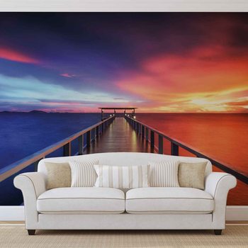 Chemin Pont Soleil Coucher de soleil Multicolore Poster Mural XXL