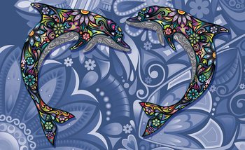 Dauphins Fleurs Abstrait Couleurs Poster Mural XXL