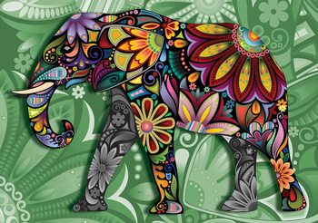 Éléphant Fleurs Abstrait Couleurs Poster Mural XXL