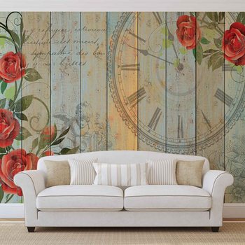 Horloges Roses Planches en Bois Vintage Poster Mural XXL
