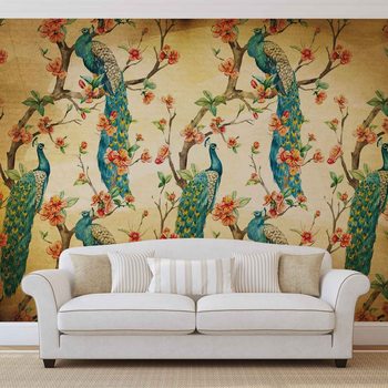 Motifs Paon Fleurs Vintage Poster Mural XXL