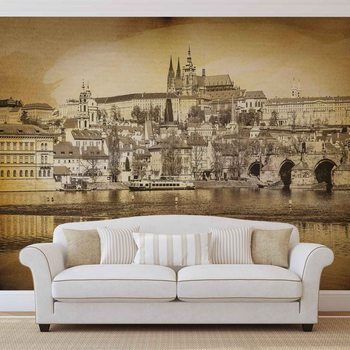 Ville Pont de Prague Cathédrale de la rivière Sépia Poster Mural XXL