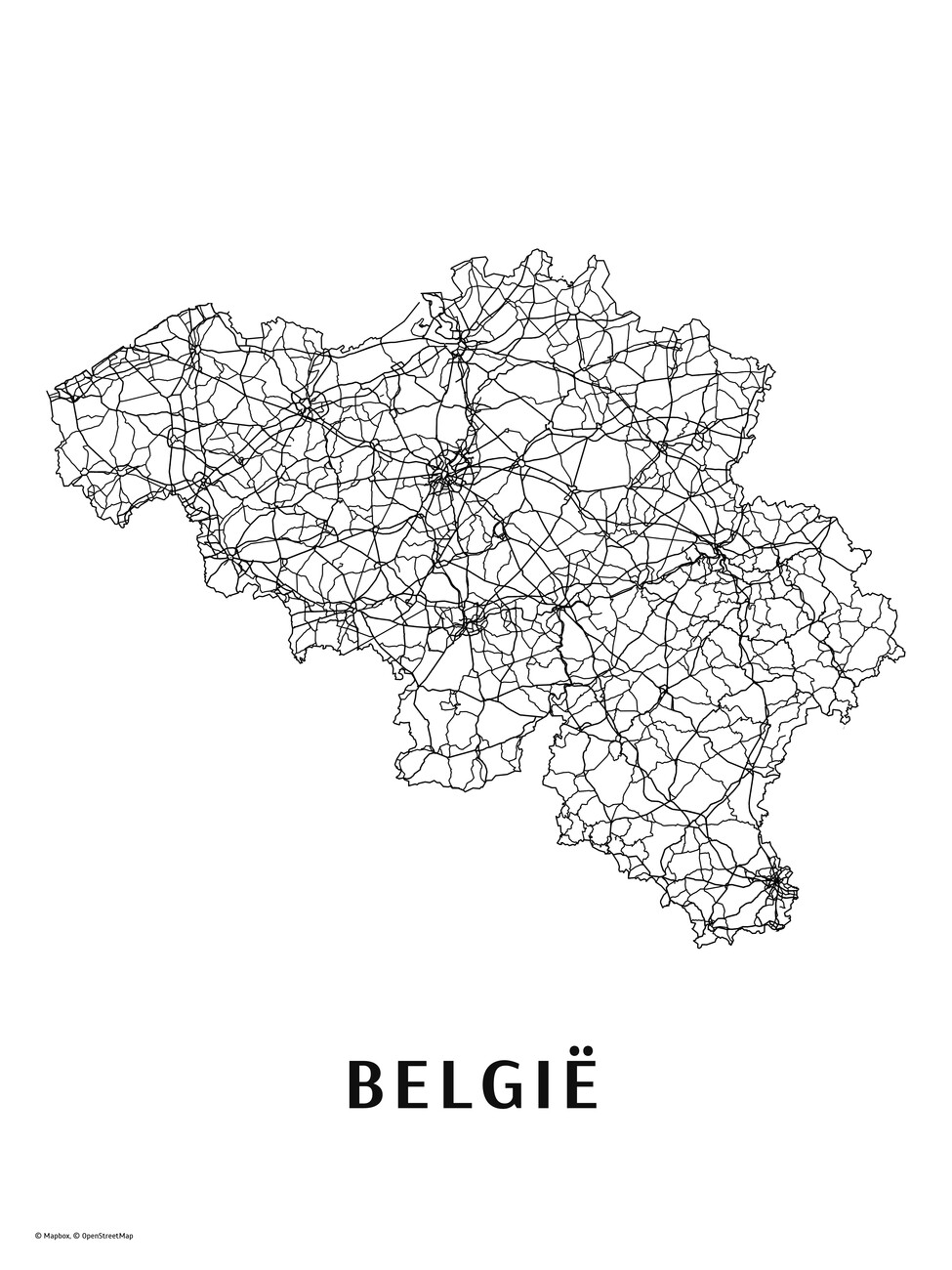 Mapa Belgie black & white ǀ Mapy všech měst a států na zeď ǀ Posters.cz