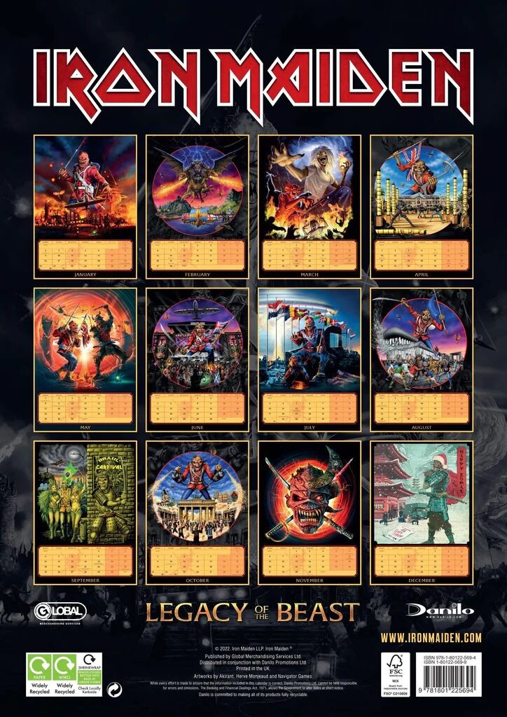 Calendrier Mural IRON MAIDEN 2026 - Format A3 (29,7x42 Cm) - 12 Photos - Spirale - Couleur - Collection Fan
