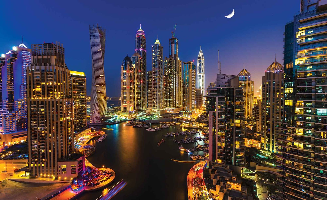 Fotomurale Ciudad Dubai Rascacielos Noche, Papel pintado 