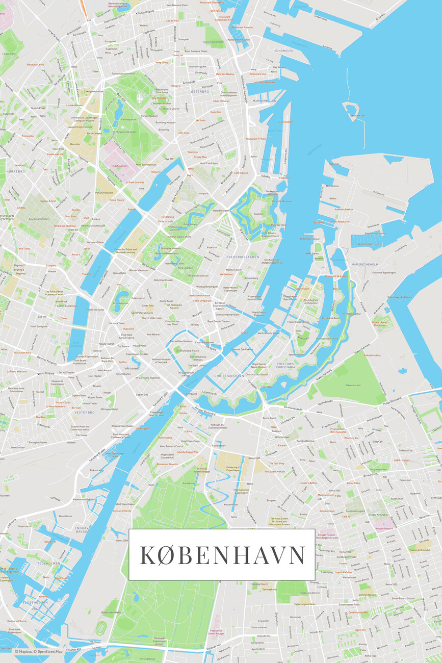 Fundament skipper Banzai Kort over København color ǀ Bykort og verdenskort plakater på væggen