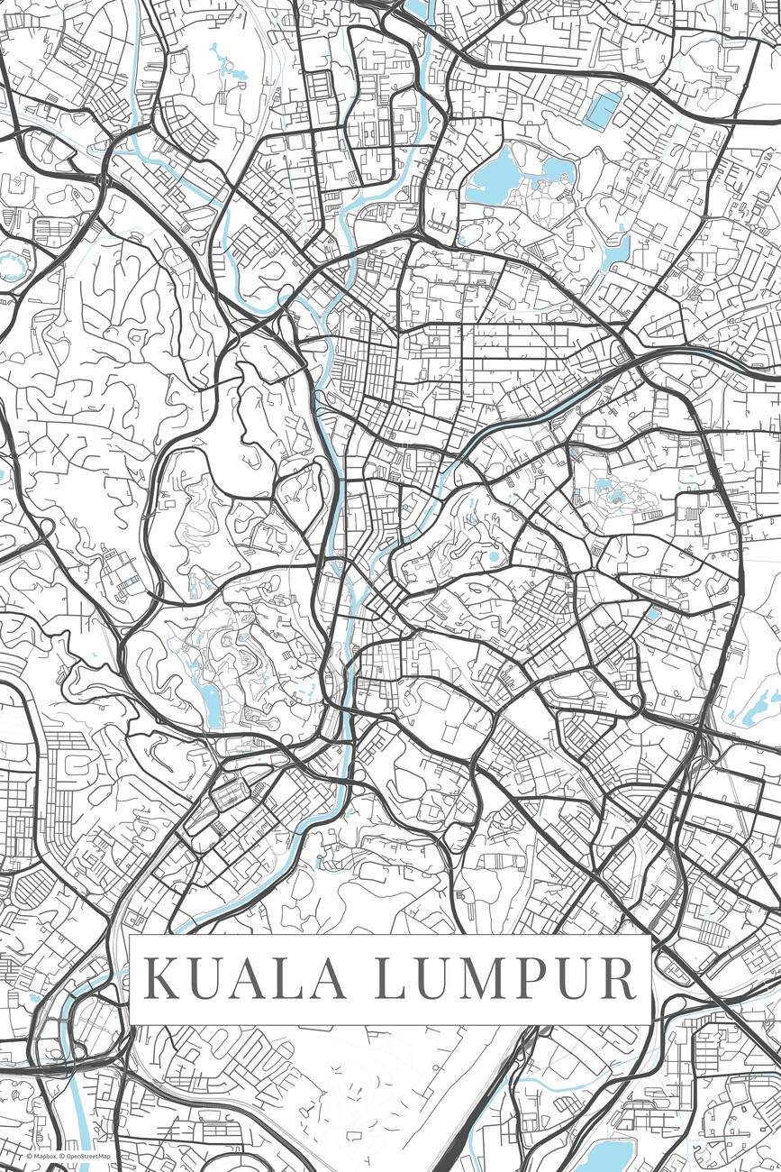 Mapa Kuala Lumpur white ǀ Mapy všech měst a států na zeď ǀ 