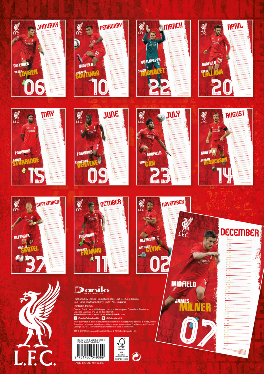 Liverpool FC - Calendriers 2016 | Achetez sur Europosters