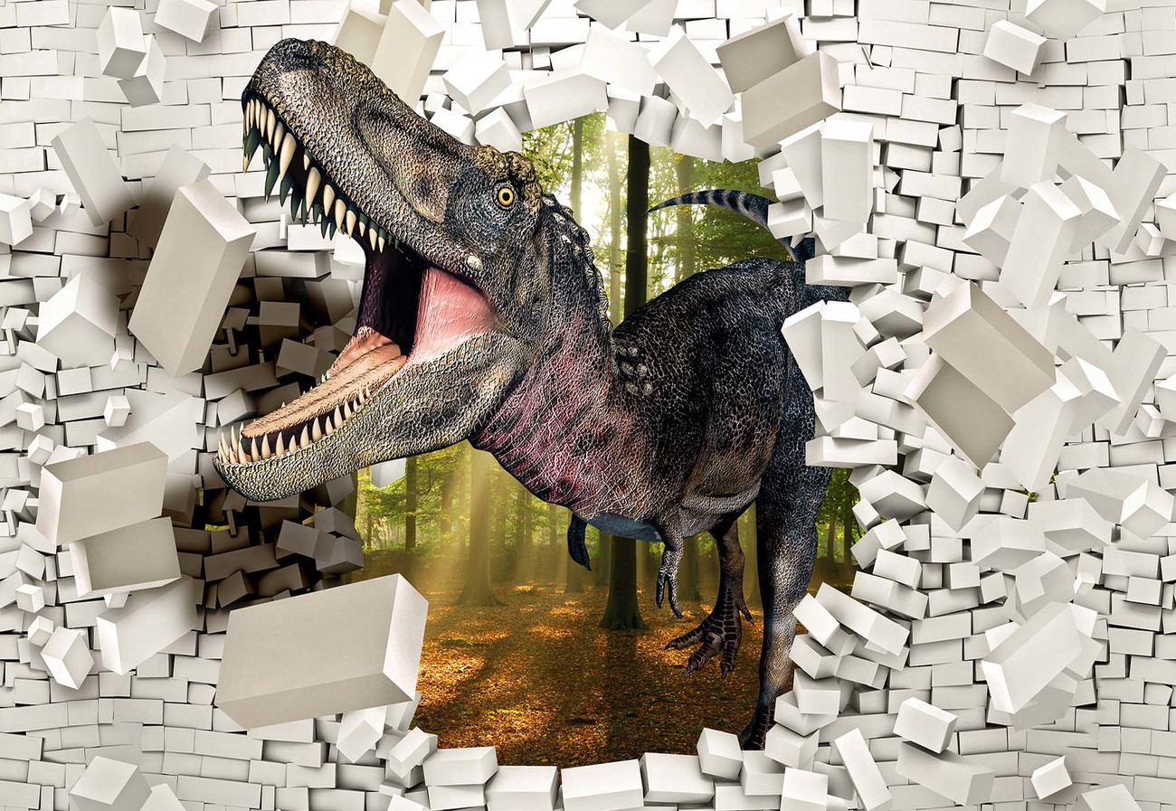Wallpaper Mural - 3D Dinosaur Bursting Through Brick Wall