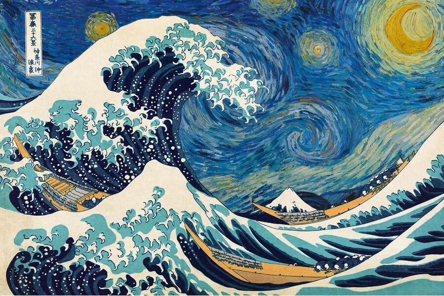 QUADRO Katsushika Hokusai La Grande onda di Kanagawa STAMPA TELA CANVAS  mare blu