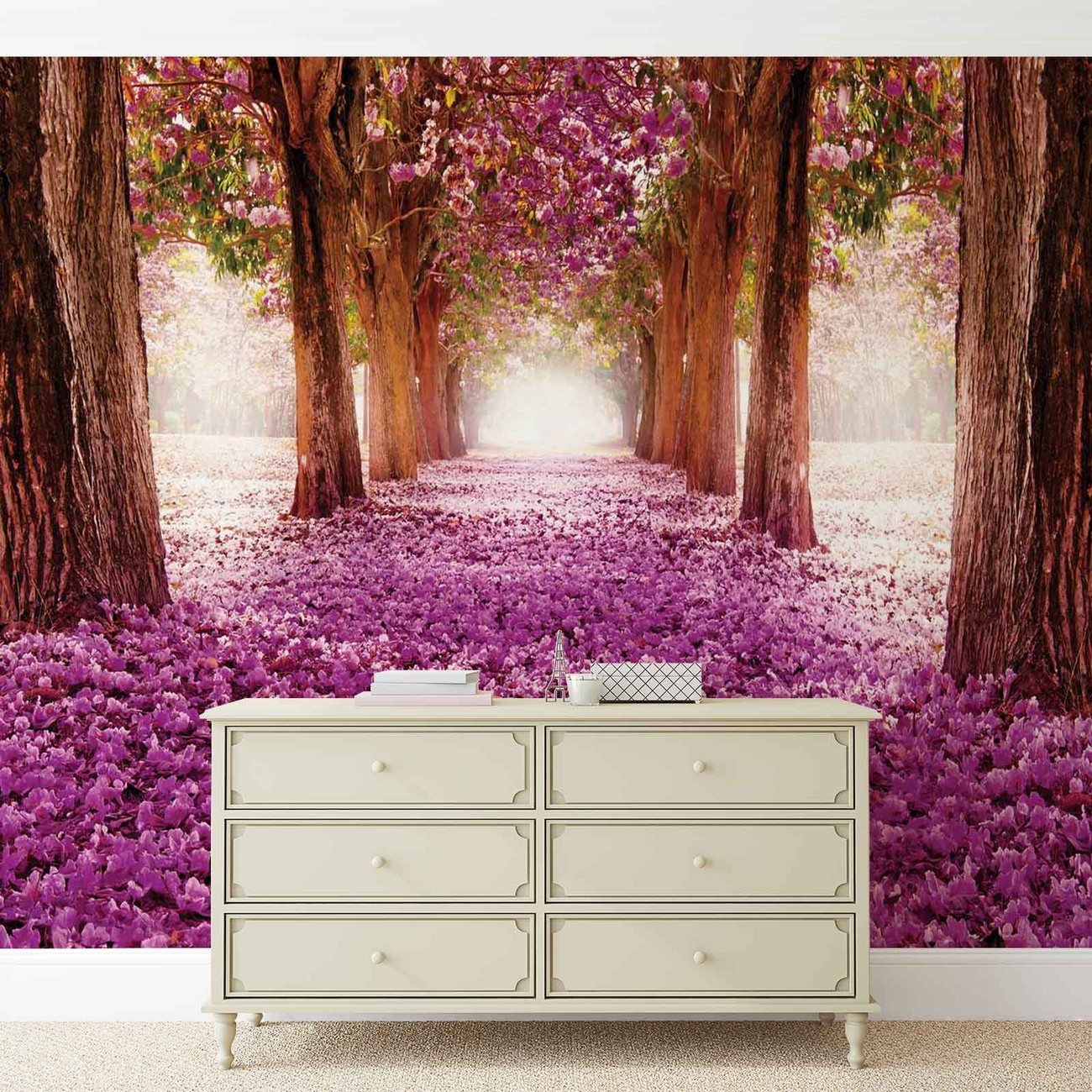 Chemin dans les Arbres  en Fleur Rose Poster  Mural Papier 