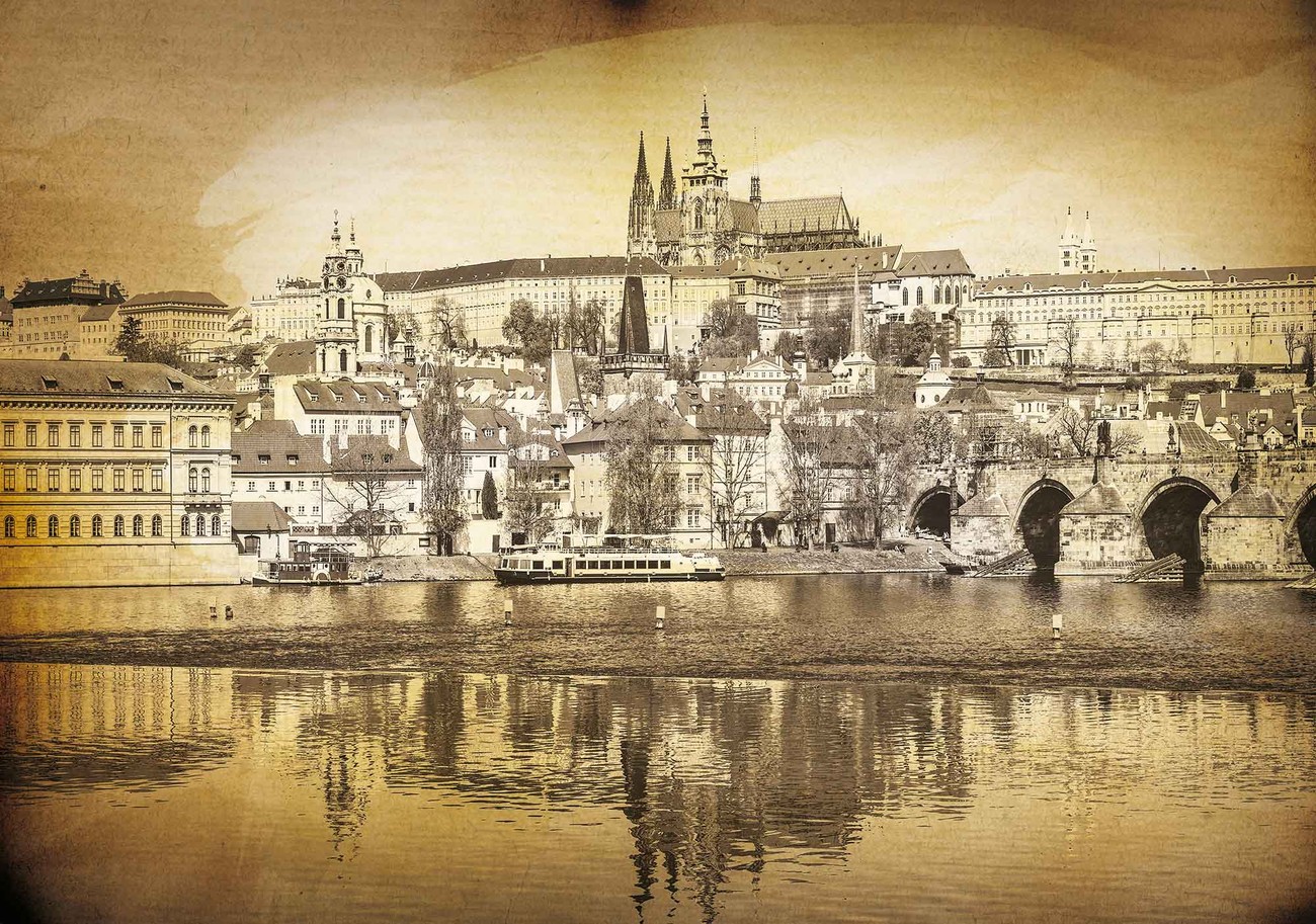 Ville Pont de Prague Cathédrale de la rivière Sépia Poster