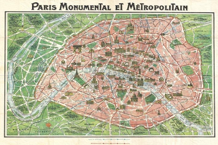 Veeg strottenhoofd licentie Oude kaart van Parijs 1920 poster | Grote posters | Europosters