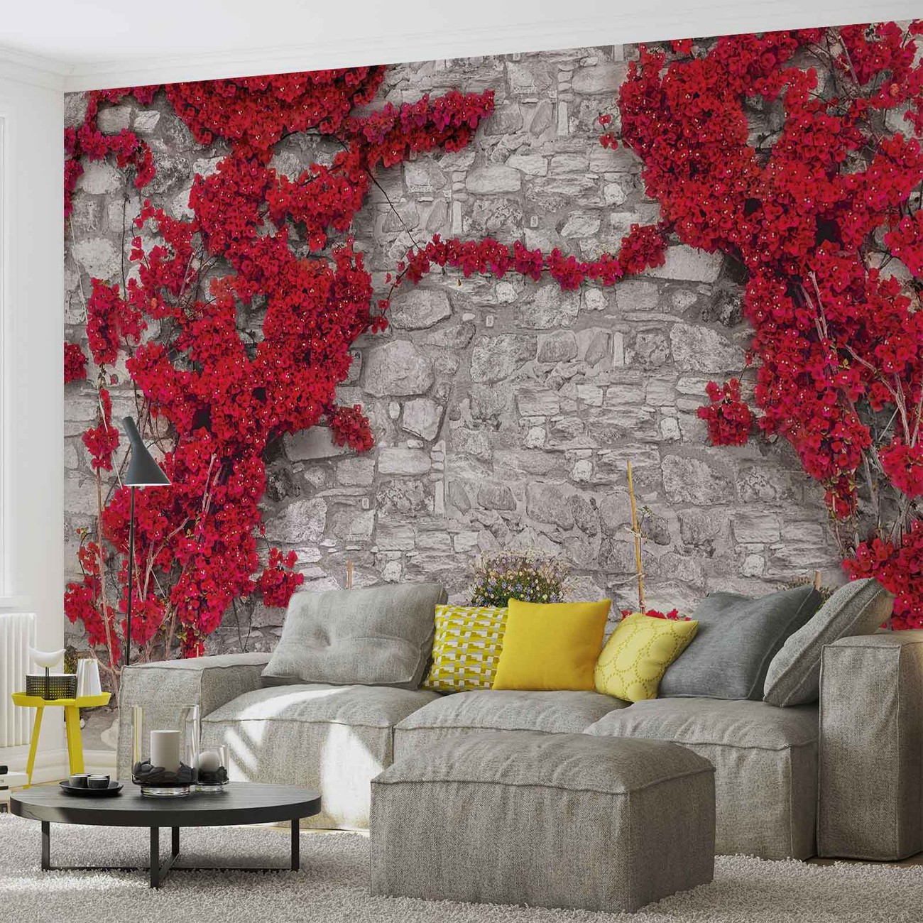 Red Flowers Stone Wall Wall Paper Mural | Buy at UKposters