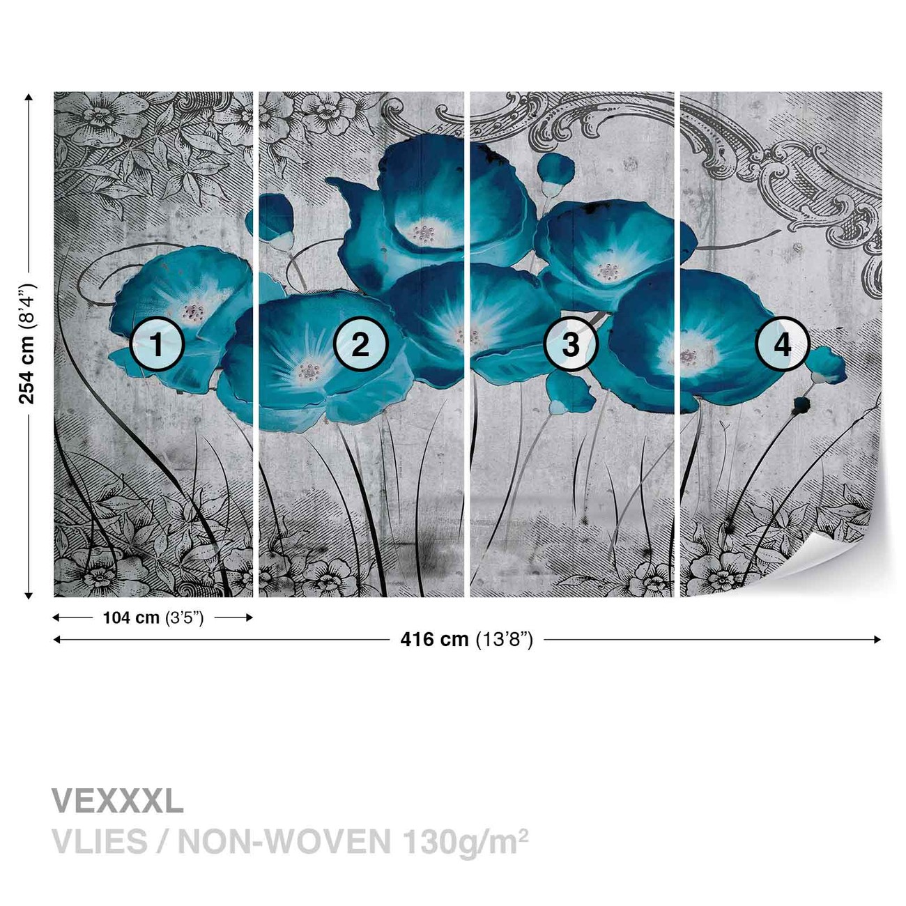 Vintage Flowers Blue Grey Wall Paper Mural Buy at EuroPosters