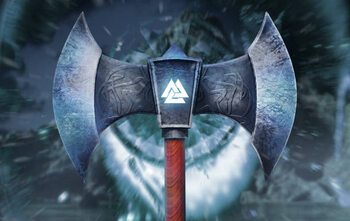 Poster 3d render illustration of frozen viking axe.