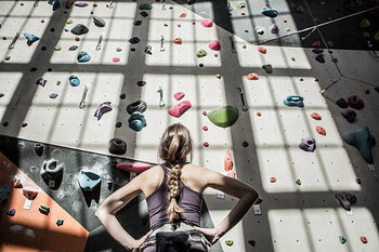 Poster Athlete examining rock wall in gym