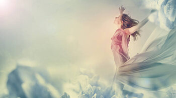 Poster Beautiful woman jumping in a fantasy landscape
