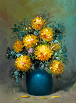 Poster Chrysanthemum Bouquet in Blue Vase Oil Painting
