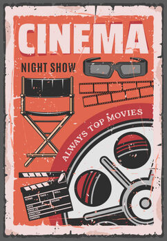 Poster Cinema night movie, film reel, 3d glasses