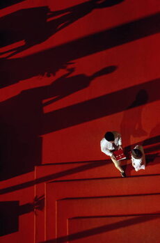 Poster Executives conferring in lobby, shadows and stairs