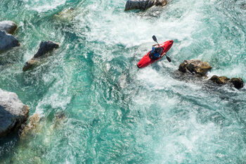 Poster Mature Man Kayaking On  River