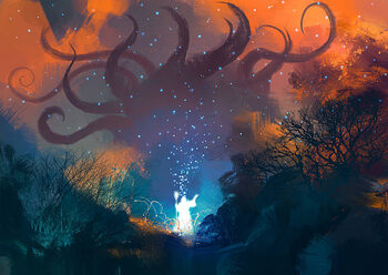 Poster sorcerer casts a spell with his wand