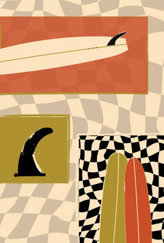 Poster Surfboard fin and Longboard on checkers