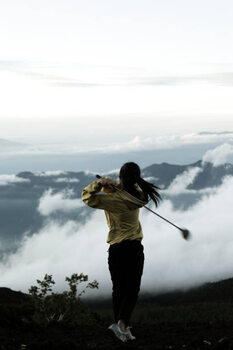 Poster Young woman swing golf on mt.fuji