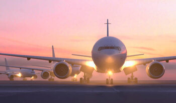 Illustrazione Airplanes taxiing on runway at sunset