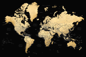 Ilustración Black and gold detailed world map with cities, Eleni