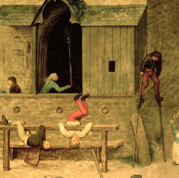 Reproducción de arte Children's Games (Kinderspiele): detail of a boy on stilts and children playing in the stocks, 1560 (oil on panel)