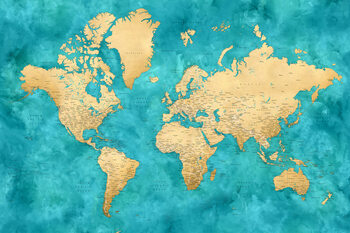 Ilustración Detailed world map with cities in gold and teal watercolor, Lexy