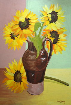 Reproducción de arte Five Sunflowers in a Tall Brown Jug,2007