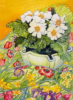 Reproducción de arte Pale Primrose in a Pot with Spring-flowered Textile,2000