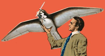 Reproducción de arte Unidentified man with bird-shaped plane with propeller